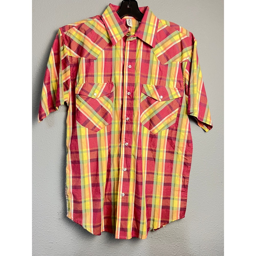 Walls Mens Sm Western Plaid‎ Short SL Pearl Snap Shirt Red Yellow Green Spring